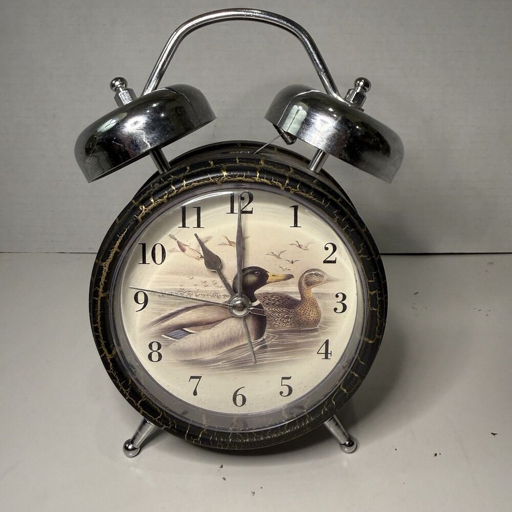 Vintage Mallard Duck Twin Bell Alarm Clock Black Gold Lodge Decor Cottagecore